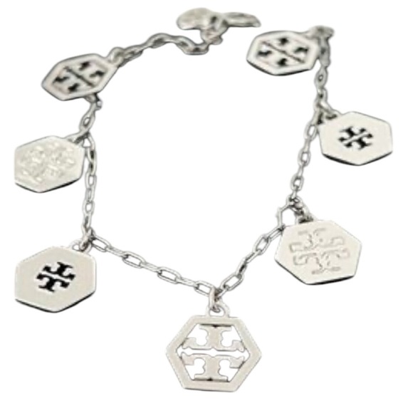 Tory Burch Hexagon Logo Charm Bracelet Silvertone - Picture 9 of 9